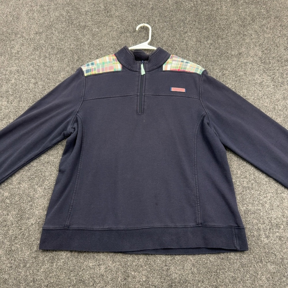 Vineyard Vines Navy Quarter-Zip Pullover with Plaid Shoulder Accents